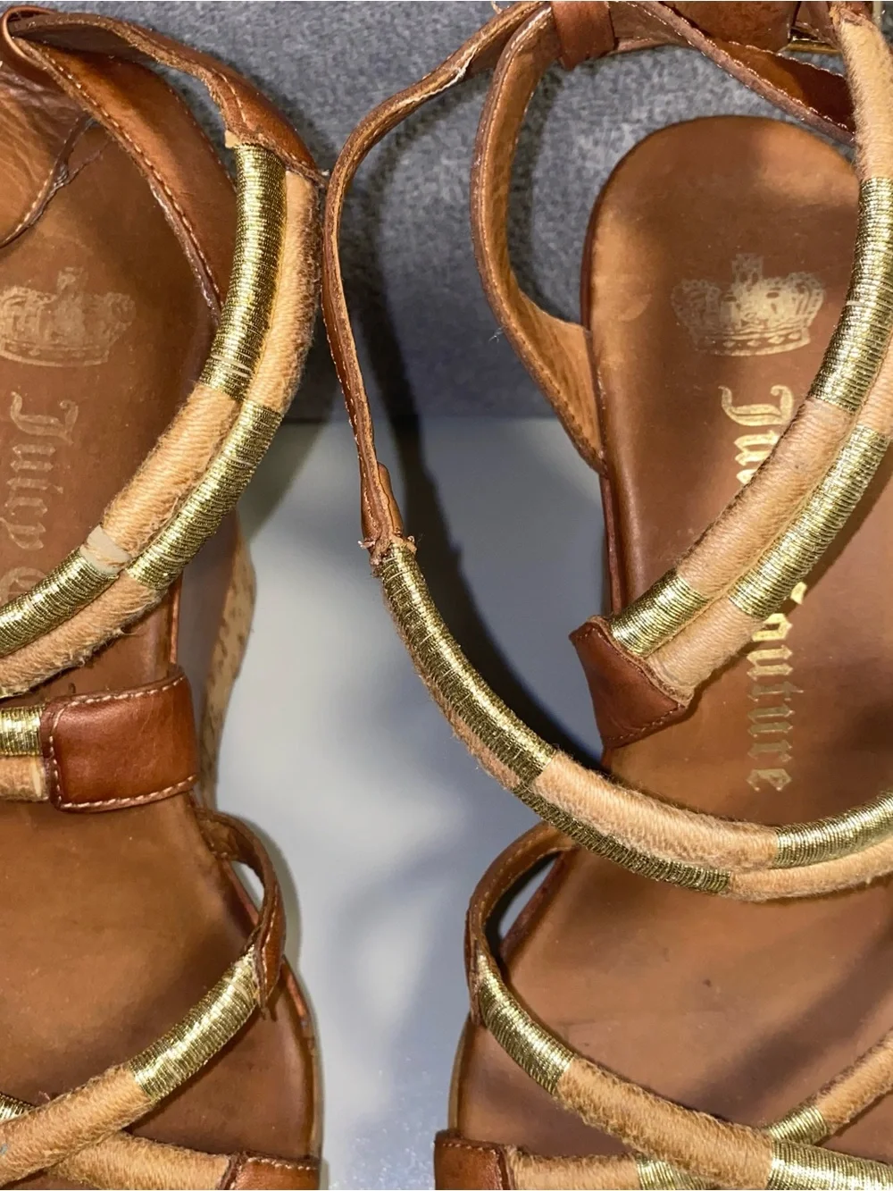Juicy Couture Brown Gold Strap Cork Wedge Sandals 6.5